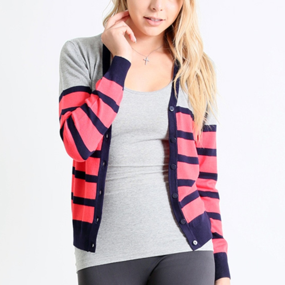 42POPS  Gray & Coral Stripe Cardigan